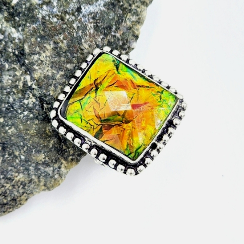 Faceted Dichroic Glass Ring Size 7.5 Hand Crafted 925 Sterling Silver Overlay